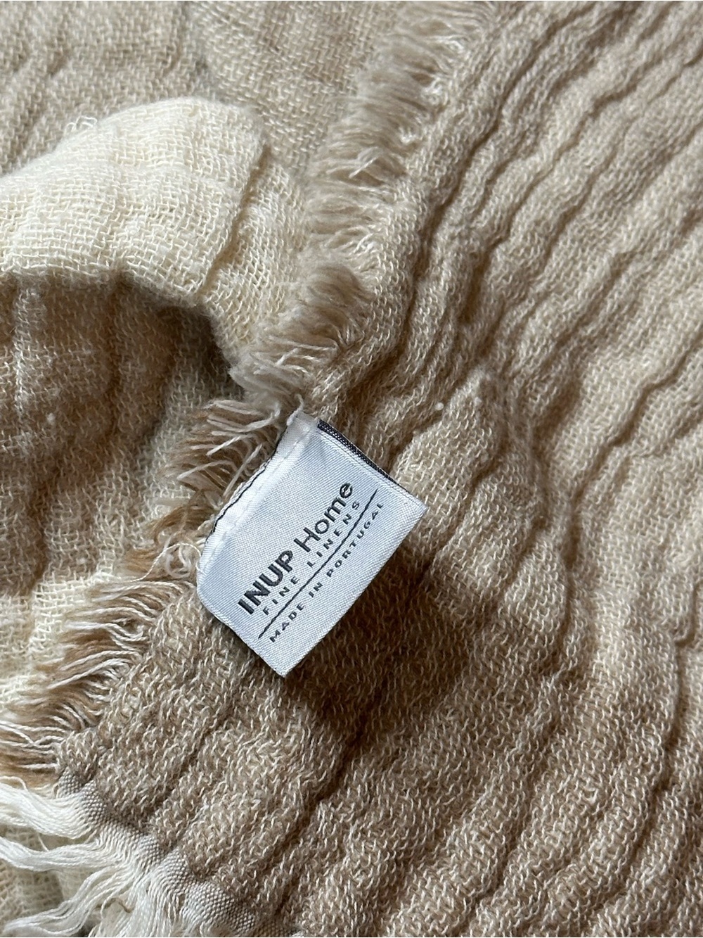 INUP Home Textured 100% Cotton Throw Fringed Beige Cream Stripe 72”x52” Portugal